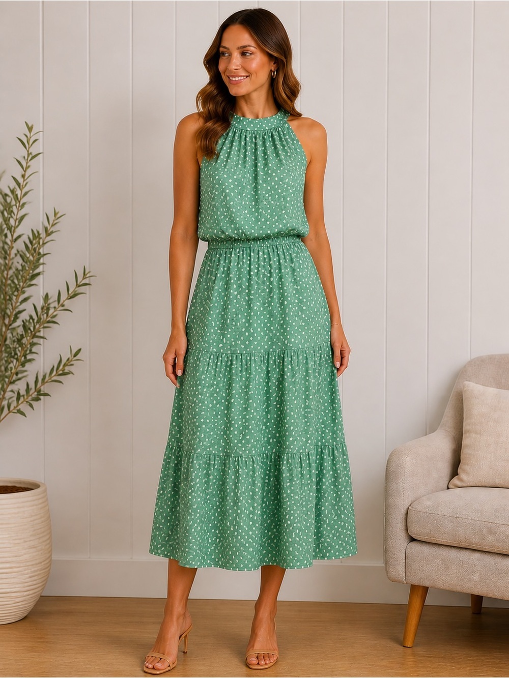Old Money Coastal Euro Summer Green Polka Dot Halter Tiered Midi Dress Medium